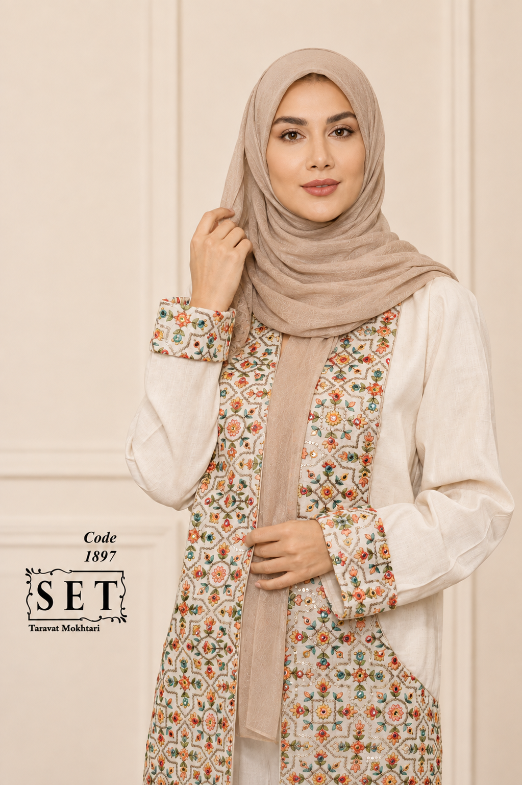 مانتو لینن سوزندوزی رنگ کرم مدل آناشید برند SET