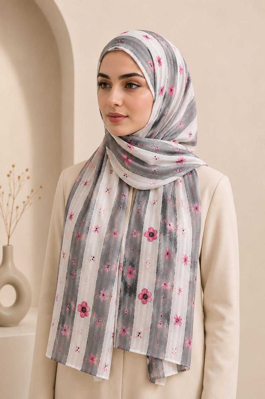 شال دخترانه طرح شکوفه رنگ طوسی
