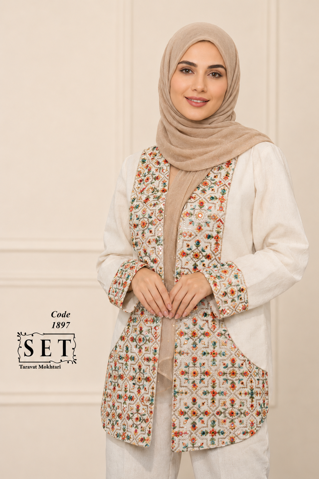 مانتو لینن سوزندوزی رنگ کرم مدل آناشید برند SET