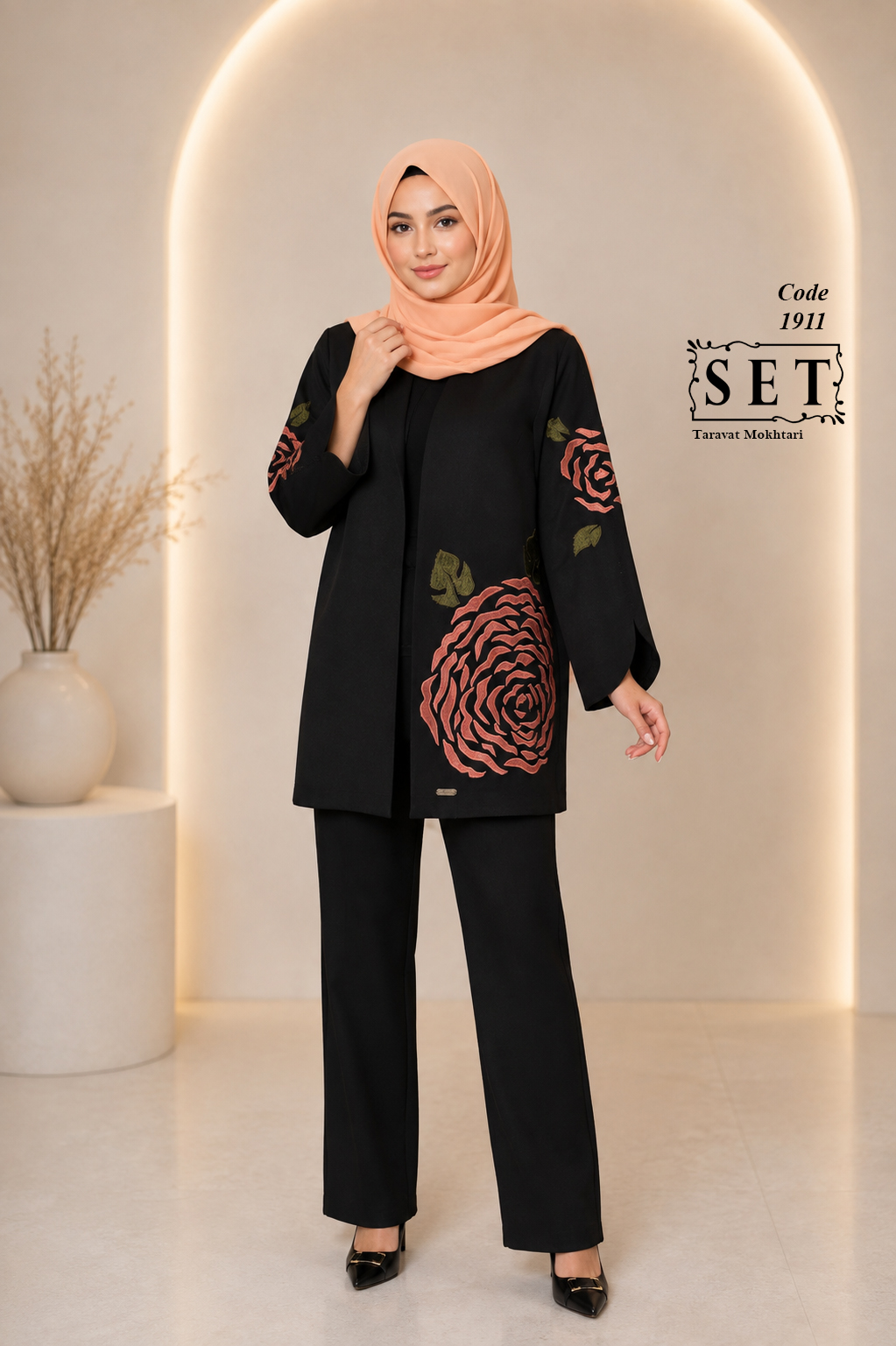 مانتو مجلسی مخمل دوزی گلبهی مدل رزا برند SET