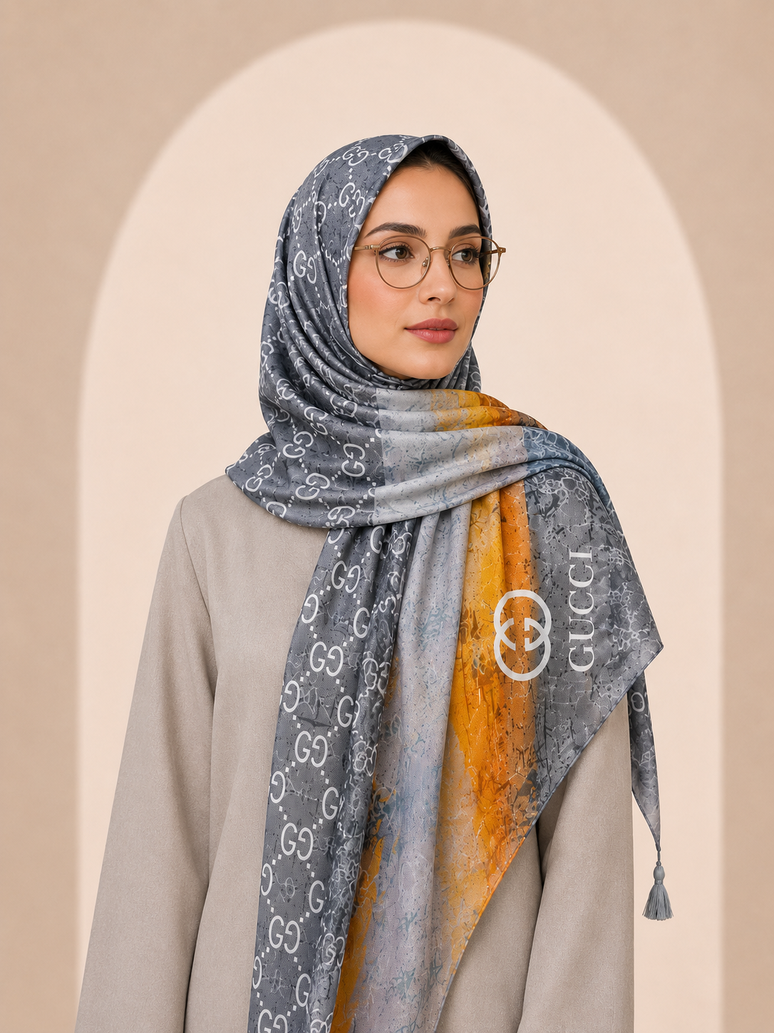 شال گوچی رنگ طوسی کهربایی
